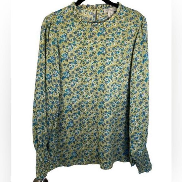 Rachel Zoe women’s green micro floral, print Smocked sleeve blouse, s/L - Picture 1 of 6